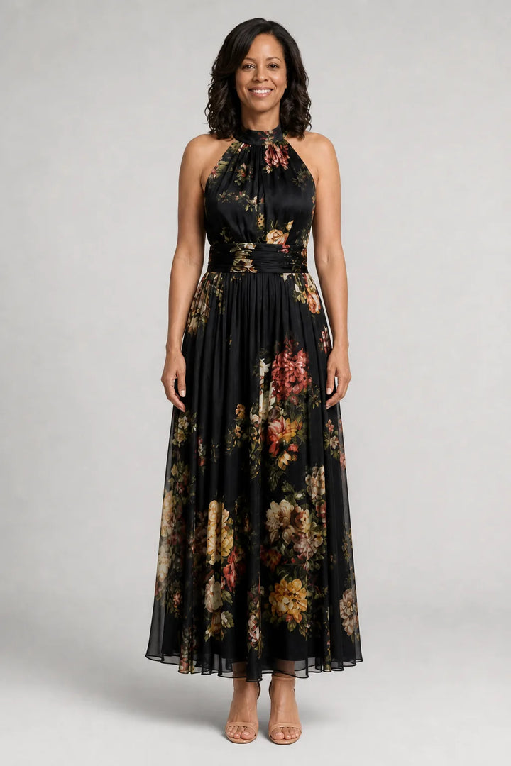 Sior | Floral Halter Neck Midi Dress — Black