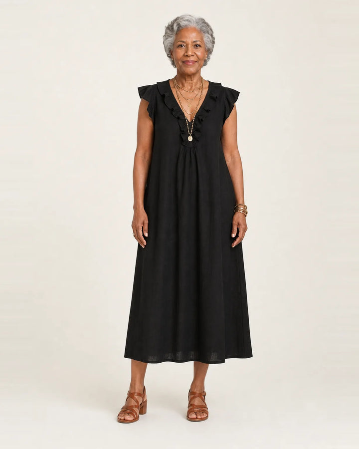 Josette | Ruffle V-Neck Linen Maxi Dress — Black