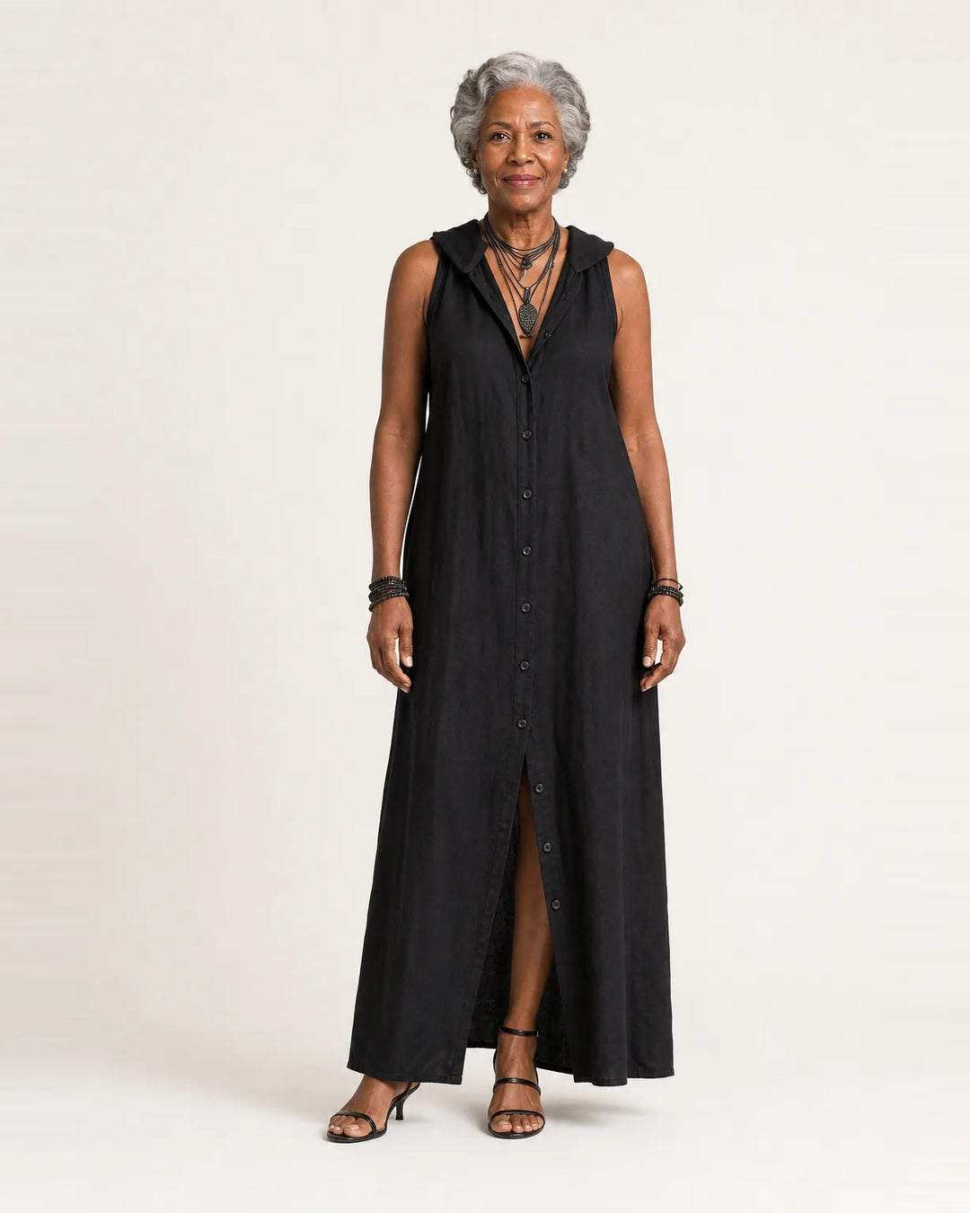 Mirabell | Hooded Button-Front Sleeveless Linen Maxi Dress — Black