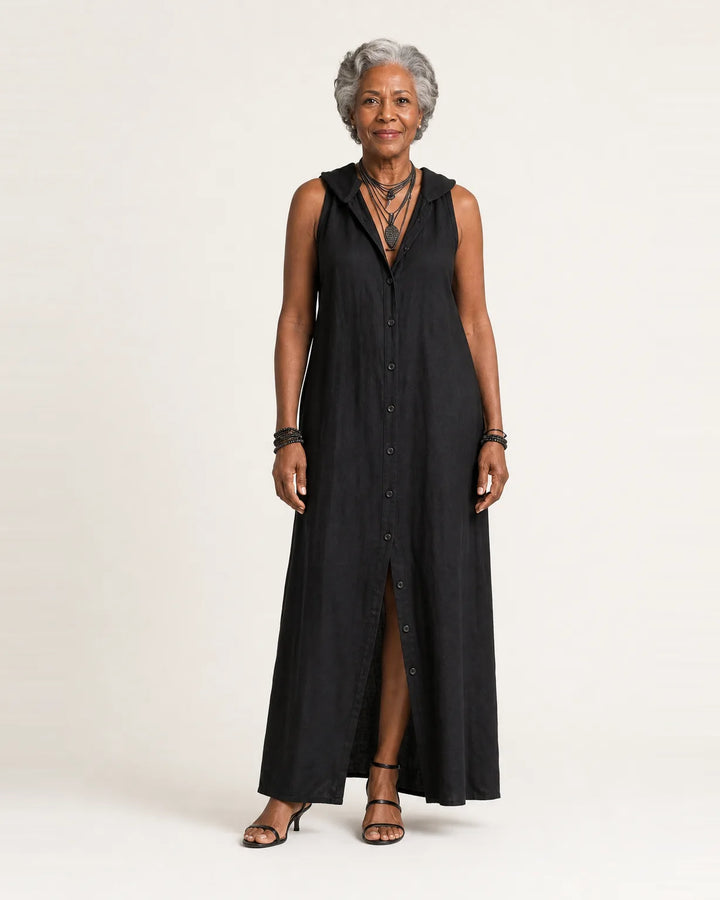 Mirabell | Hooded Button-Front Sleeveless Linen Maxi Dress — Black