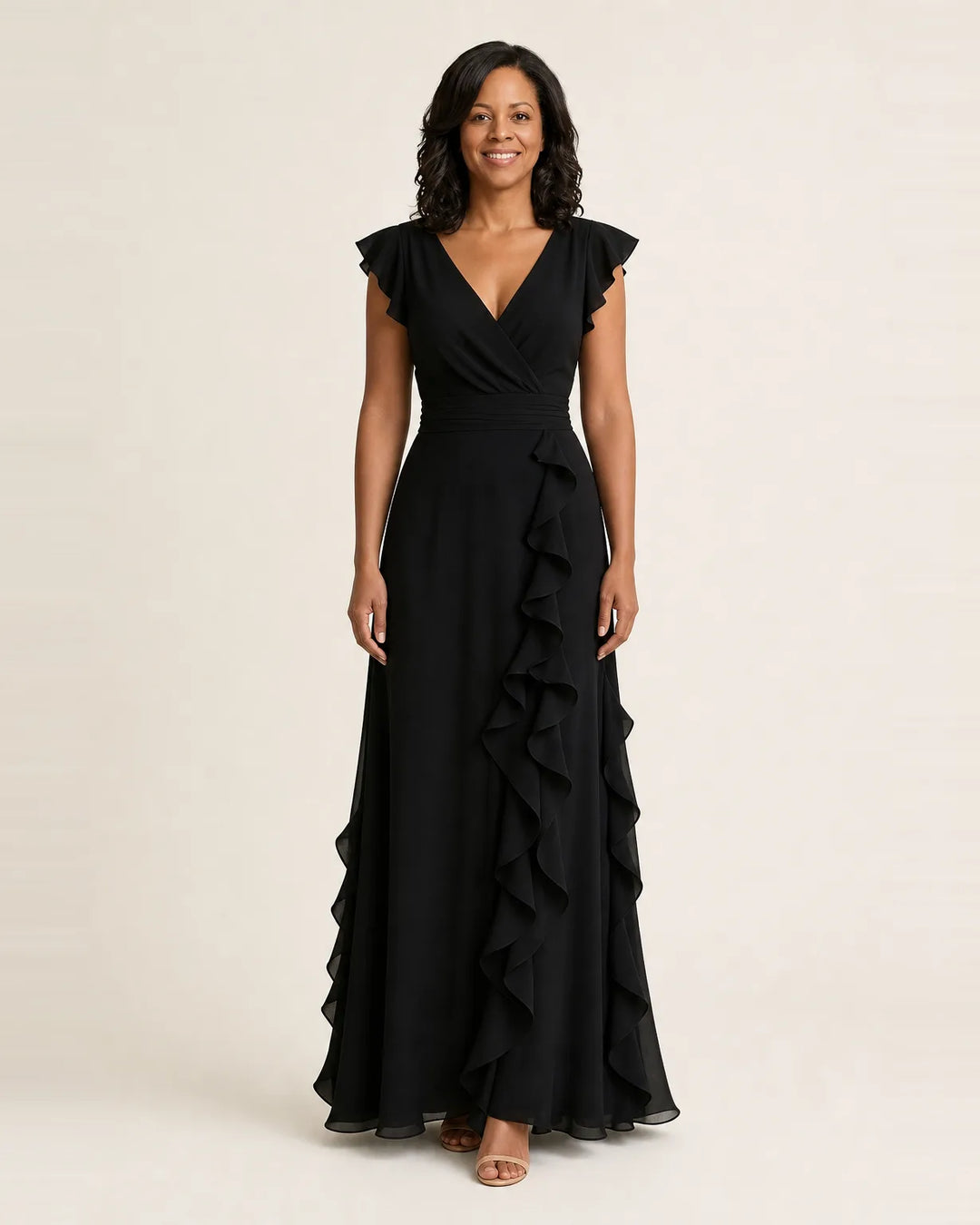 Nellyana | Wrap-Style V-Neck Flutter-Sleeve Cascading Ruffle Maxi Dress — Black
