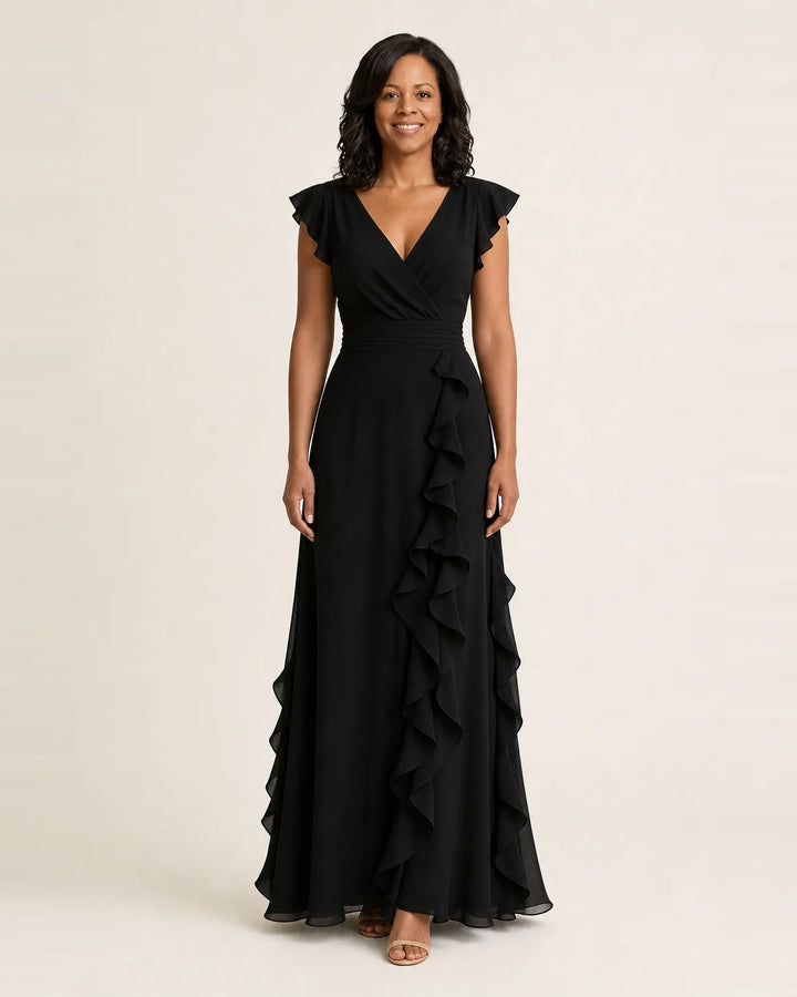 Nellyana | Wrap-Style V-Neck Flutter-Sleeve Cascading Ruffle Maxi Dress — Black