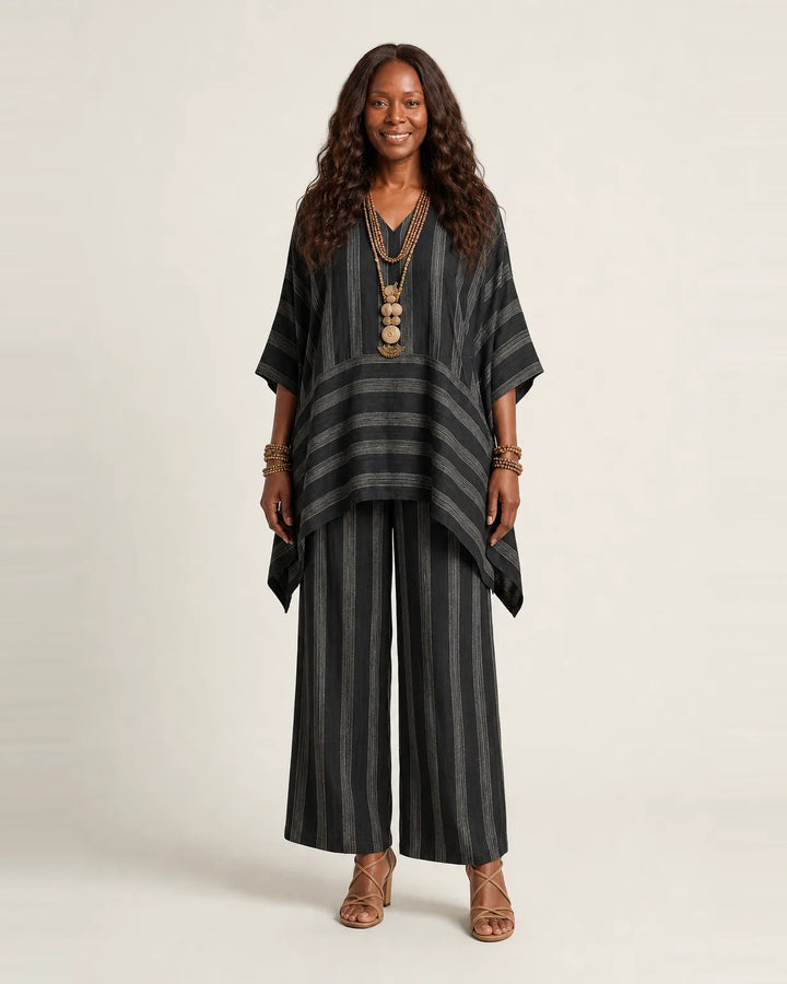 Kiara | Two-Piece Striped Cotton-Linen Set — Black