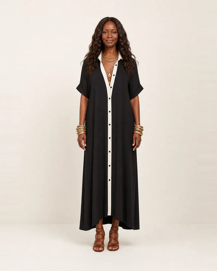 Kamira | Contrast-Collar Button-Front Short-Sleeve Maxi Shirt Dress — Black