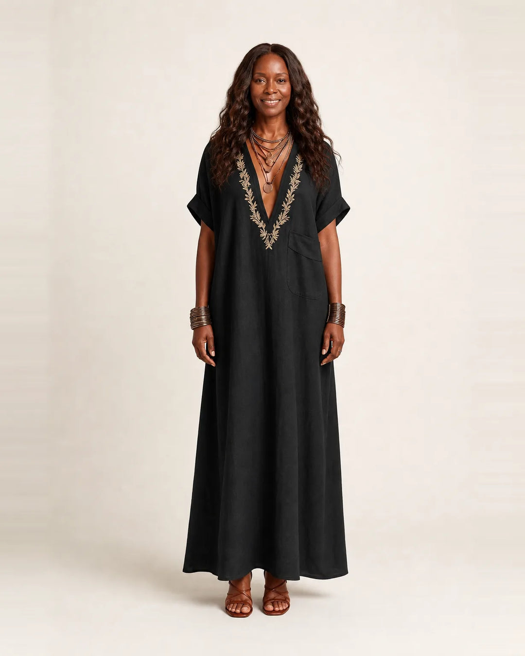 Amarina | Embroidered V-Neck Collar Linen Maxi Dress — Black