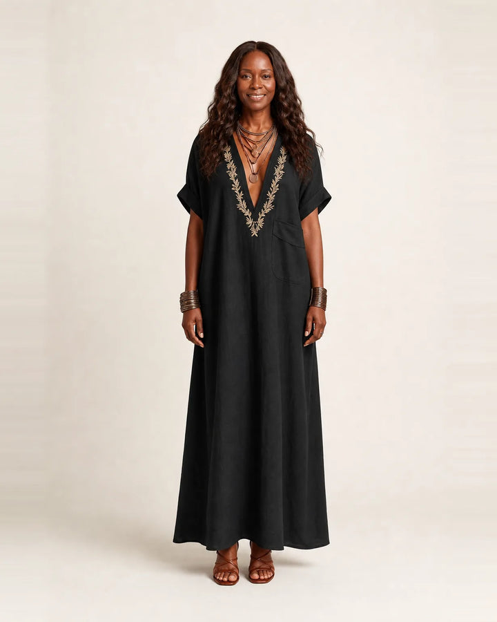Amarina | Embroidered V-Neck Collar Linen Maxi Dress — Black