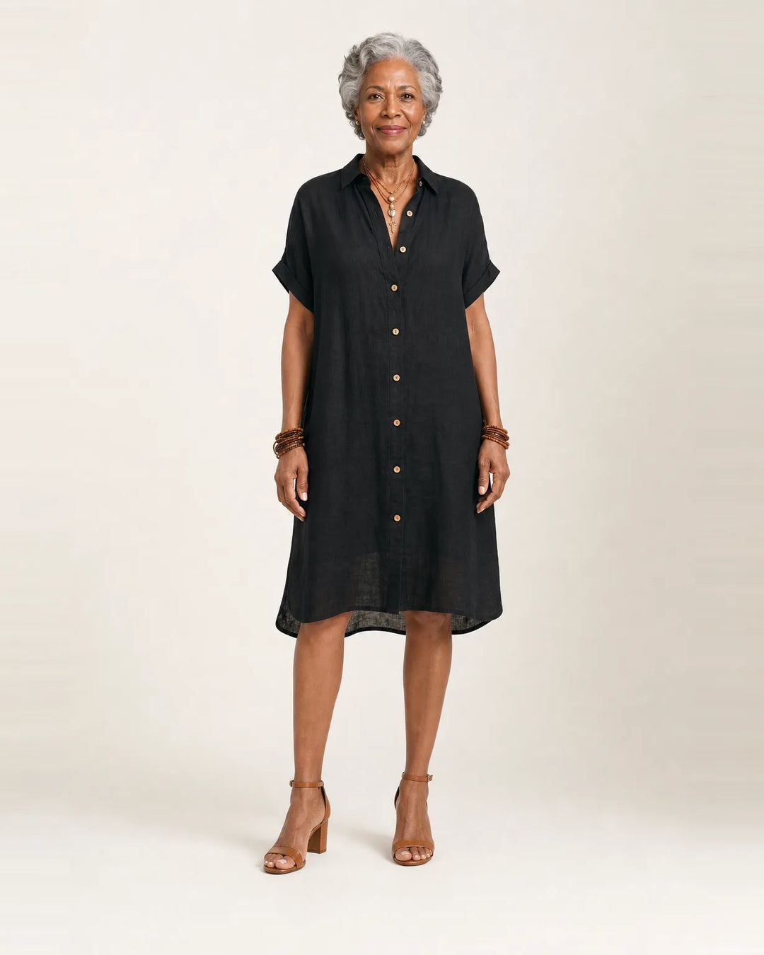 Nidalie | Cotton-Linen Midi Shirt Dress with Rolled Cuffs — Black