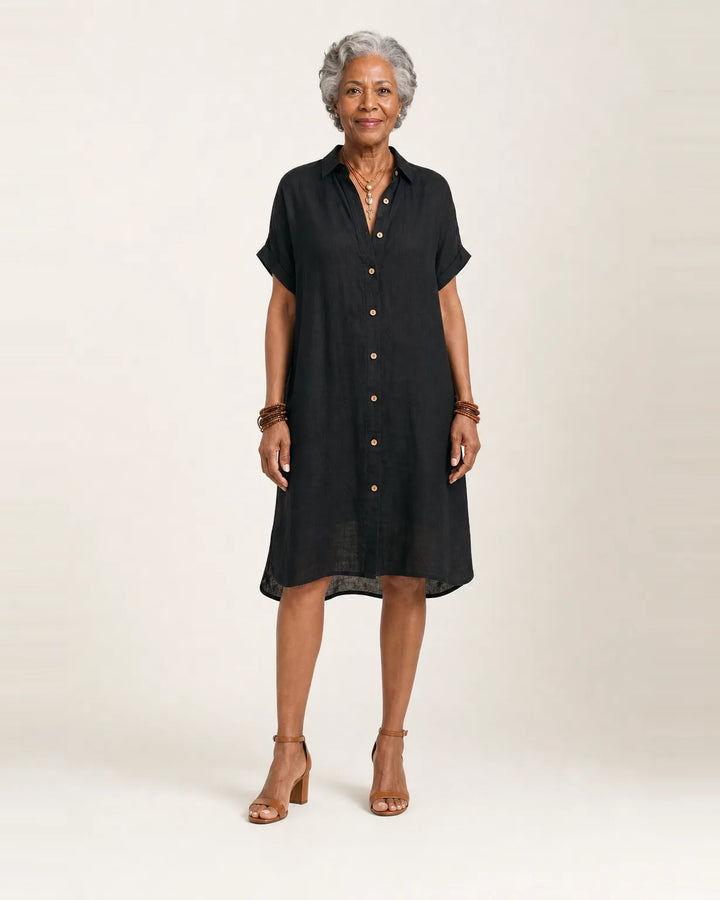 Nidalie | Cotton-Linen Midi Shirt Dress with Rolled Cuffs — Black