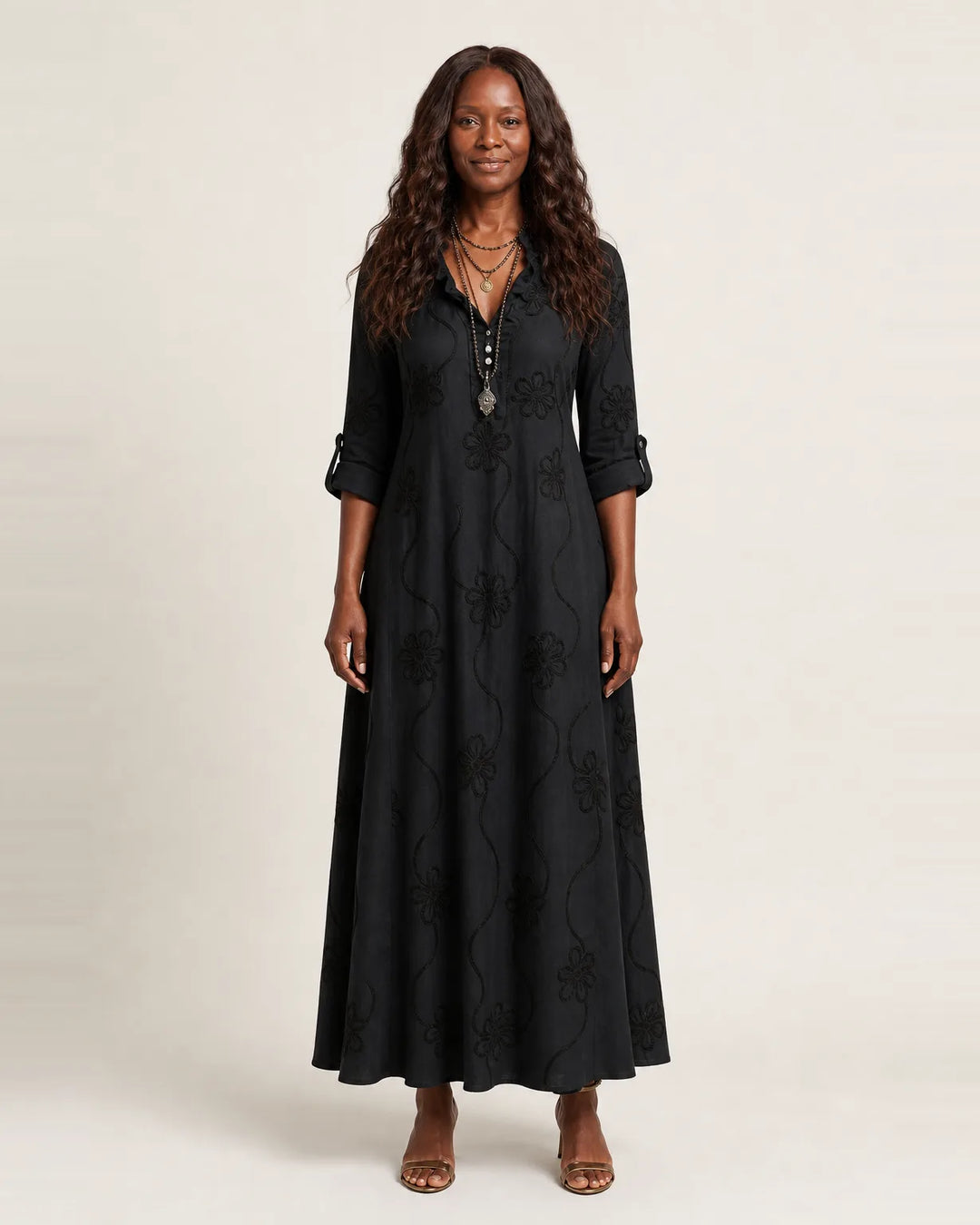 Mariam | Cotton-Linen Maxi Dress with Tonal Floral Embroidery — Black
