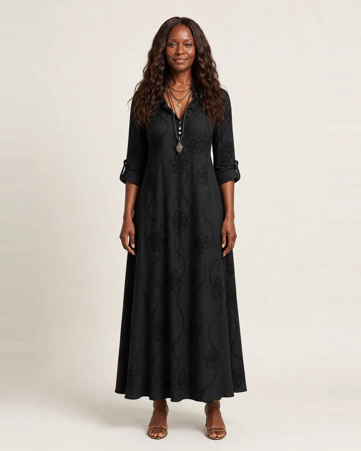 Mariam | Cotton-Linen Maxi Dress with Tonal Floral Embroidery — Black