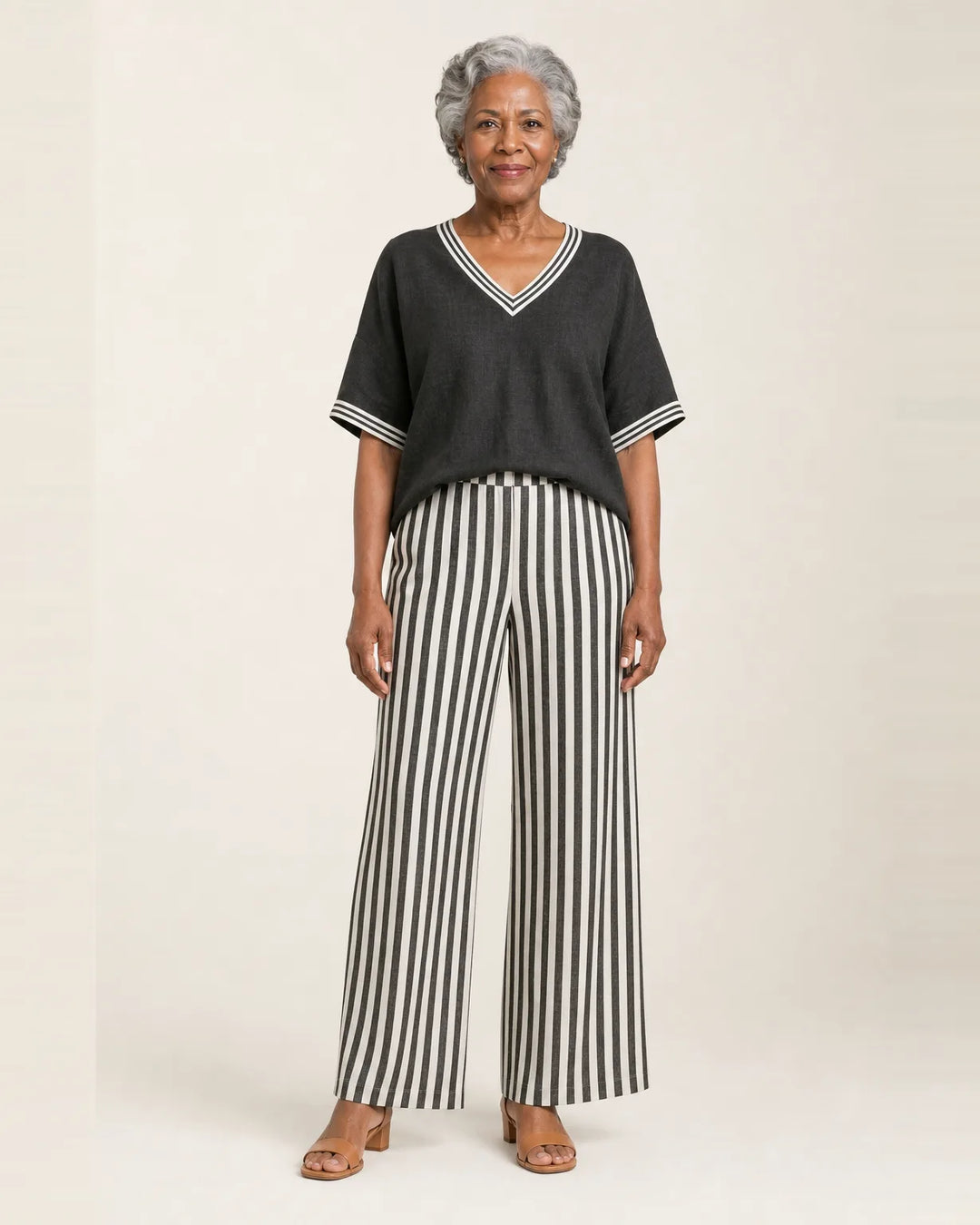 Juliana | V-Neck Varsity Top & Stripe Wide-Leg Set — Black
