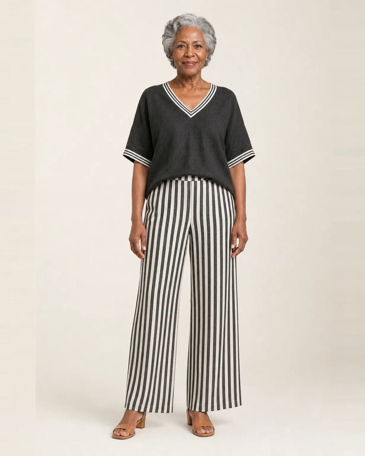 Juliana | V-Neck Varsity Top & Stripe Wide-Leg Set — Black