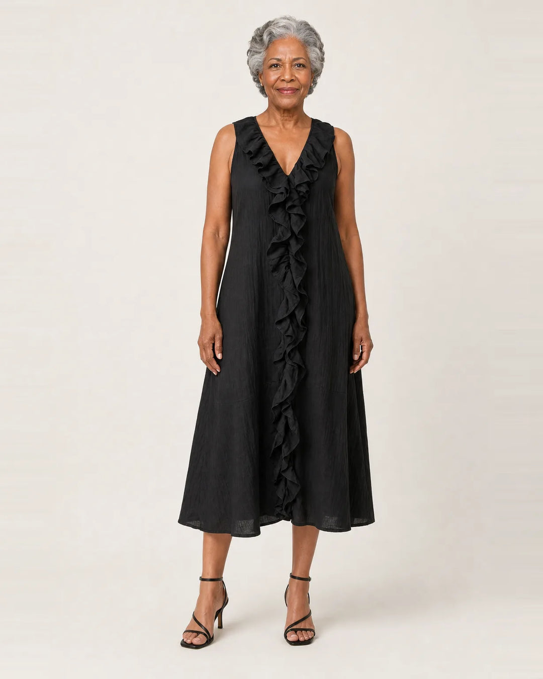 Vicky | Ruffle-Front V-Neck Sleeveless Linen Maxi Dress — Black