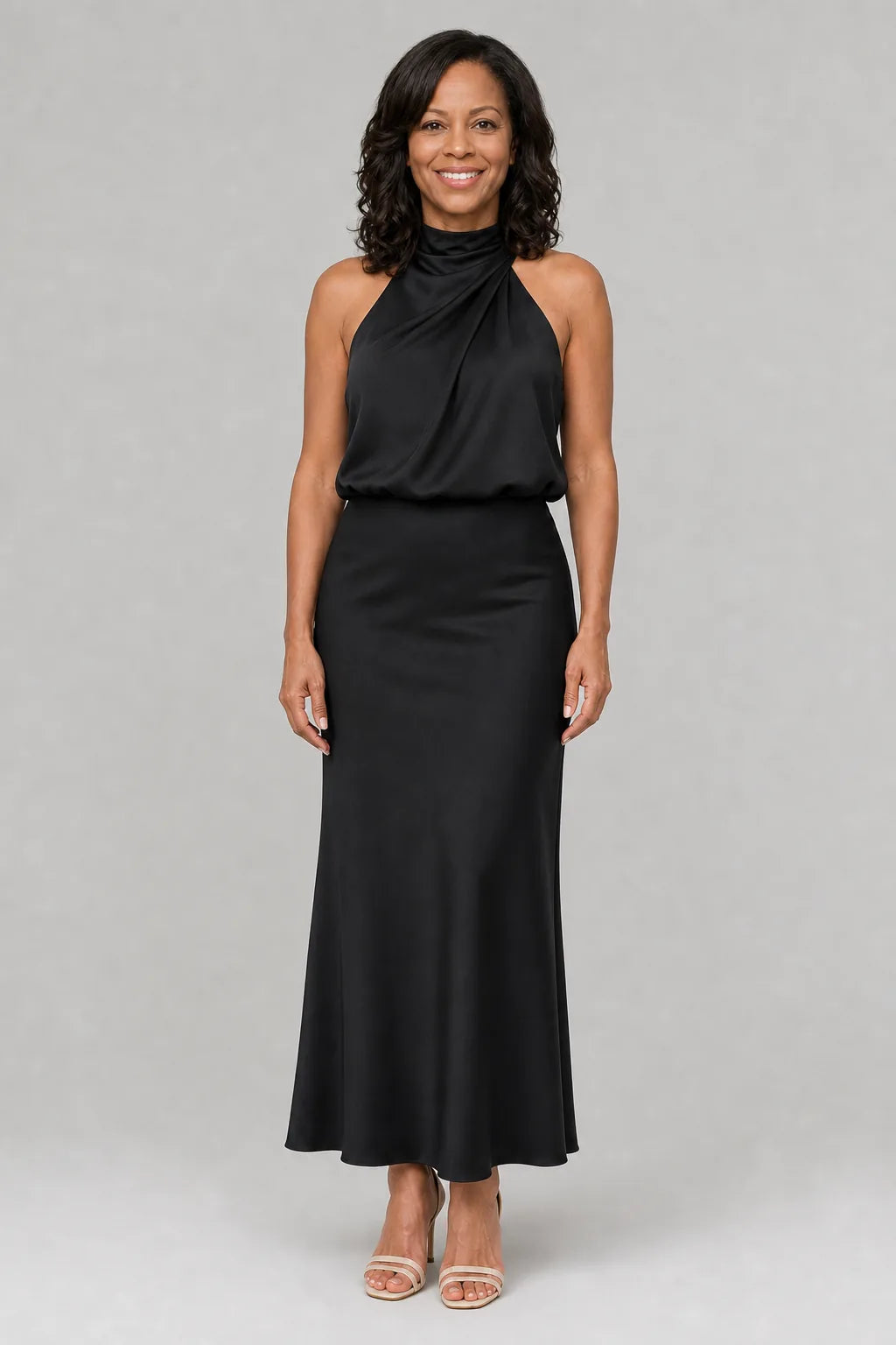 Nopal | Sleeveless Draped Neck Midi Dress — Black