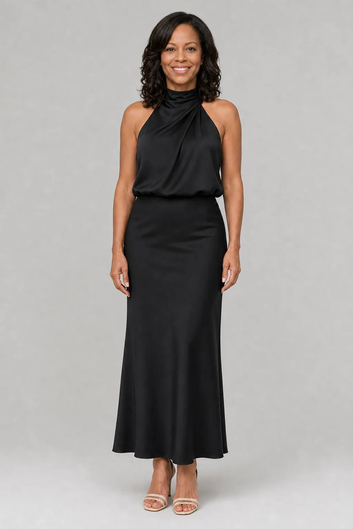 Nopal | Sleeveless Draped Neck Midi Dress — Black