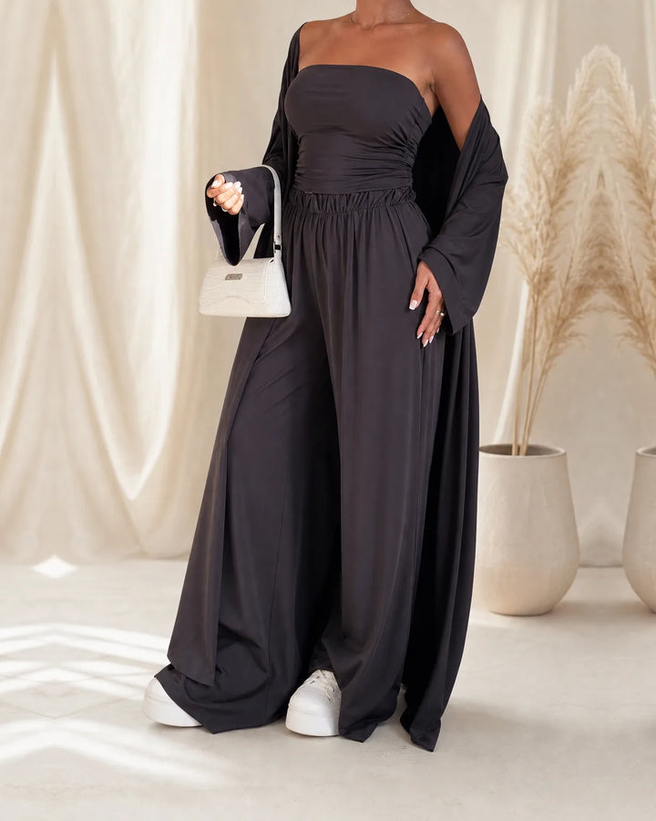 Amira | Strapless Top & Wide-Leg Set with Cardigan