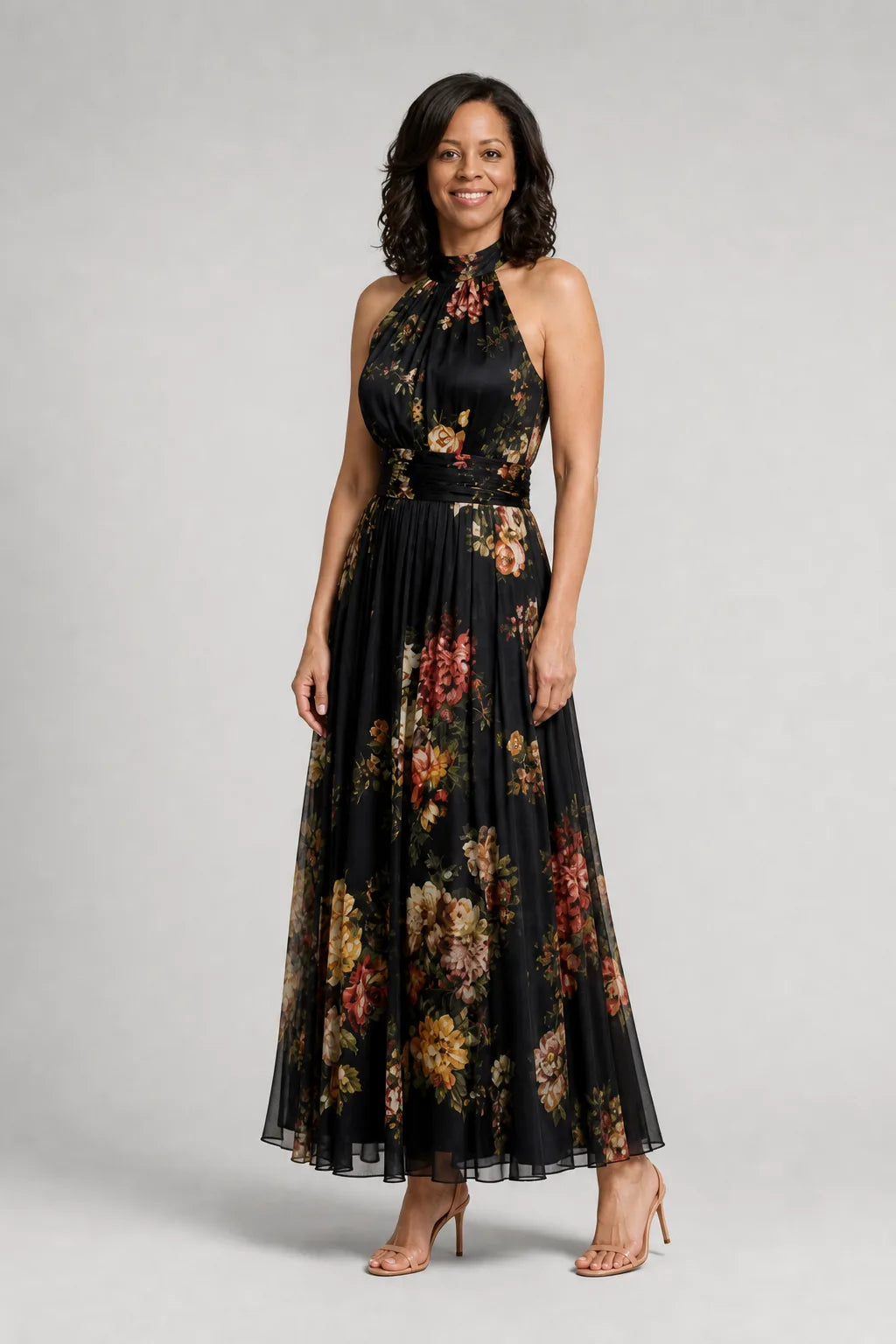 Sior | Floral Halter Neck Midi Dress — Black