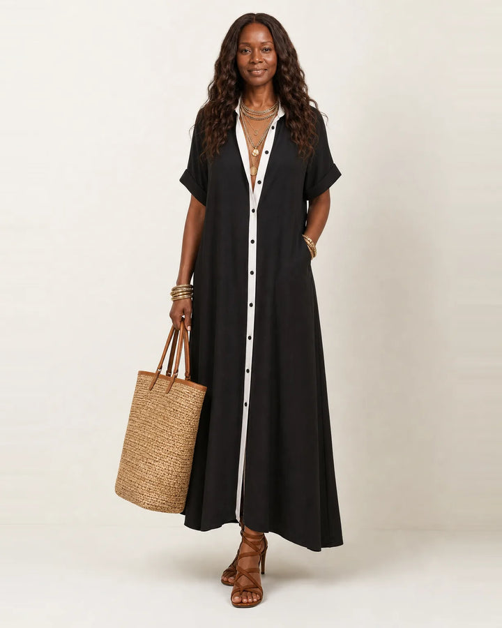 Kamira | Contrast-Collar Button-Front Short-Sleeve Maxi Shirt Dress — Black