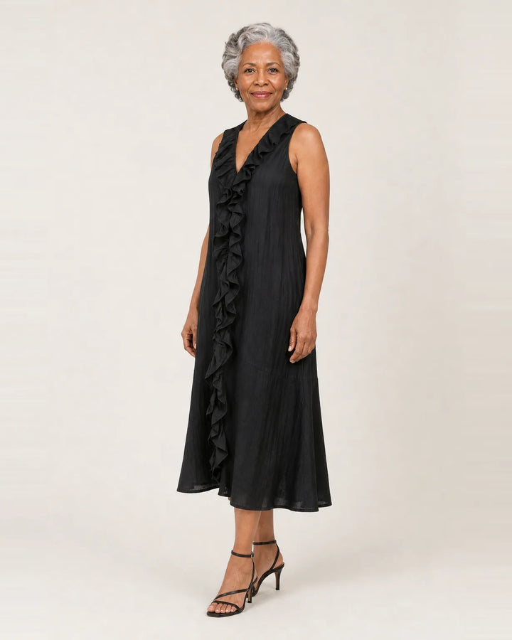 Vicky | Ruffle-Front V-Neck Sleeveless Linen Maxi Dress — Black