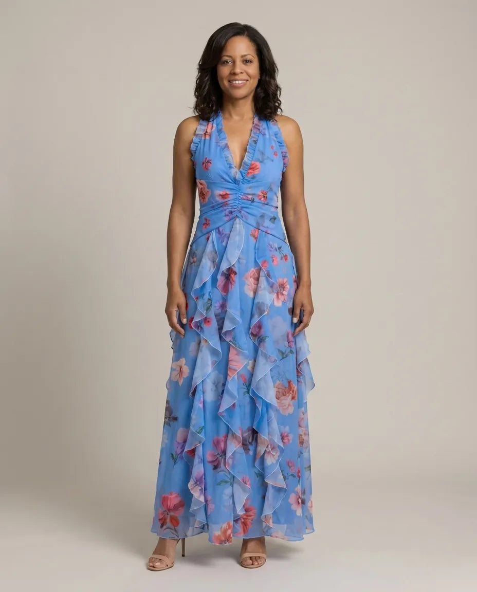 Tessa | Halter Neck Ruched Bodice Floral Maxi Dress