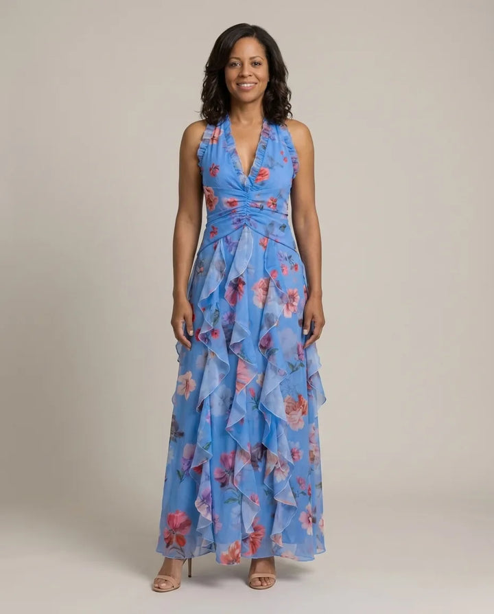 Tessa | Halter Neck Ruched Bodice Floral Maxi Dress