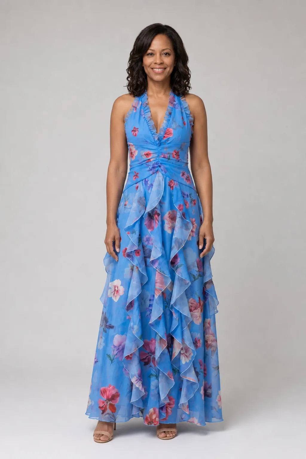 Nori | Halter Neck Ruched Bodice Floral Maxi Dress — Blue