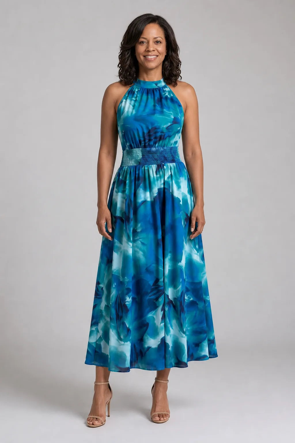 Olivia | Gathered Waist Abstract Print Midi Dress — Blue