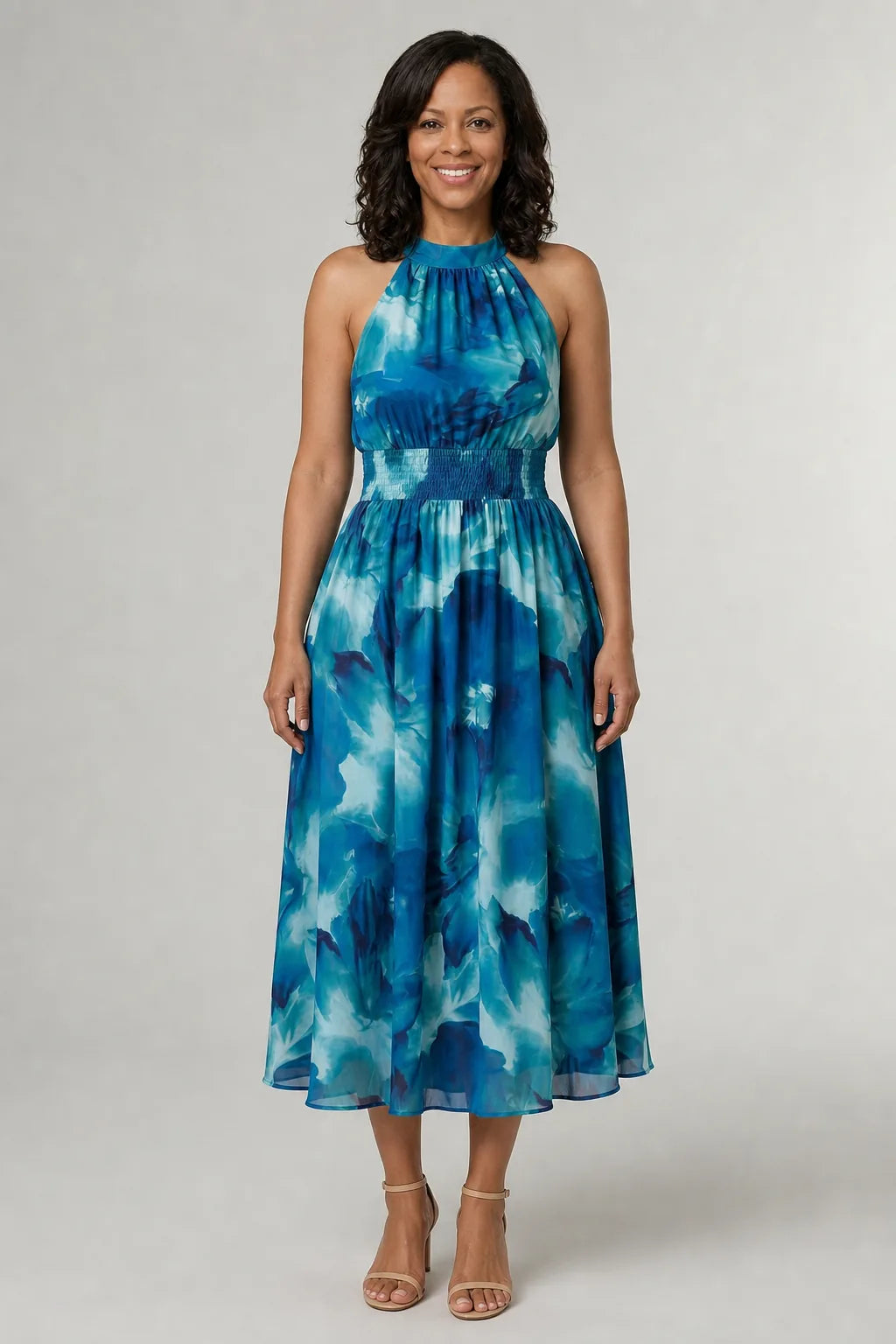 Sylin | Gathered Halter Midi Dress — Blue