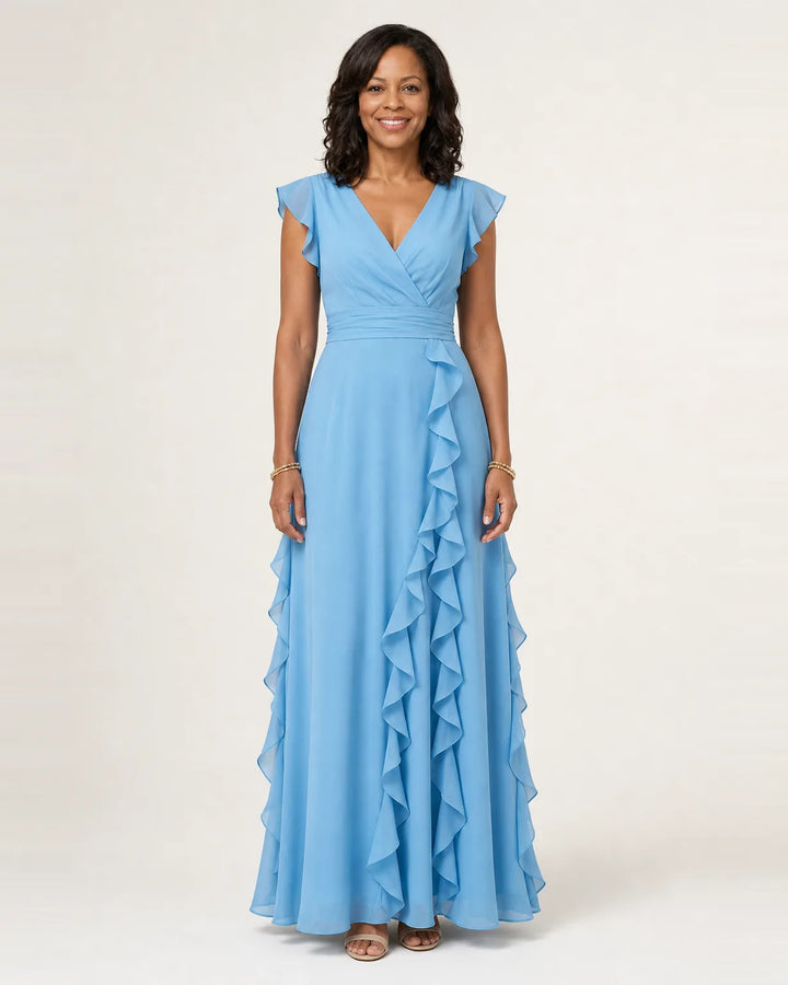Nellyana | Wrap-Style V-Neck Flutter-Sleeve Cascading Ruffle Maxi Dress — Blue