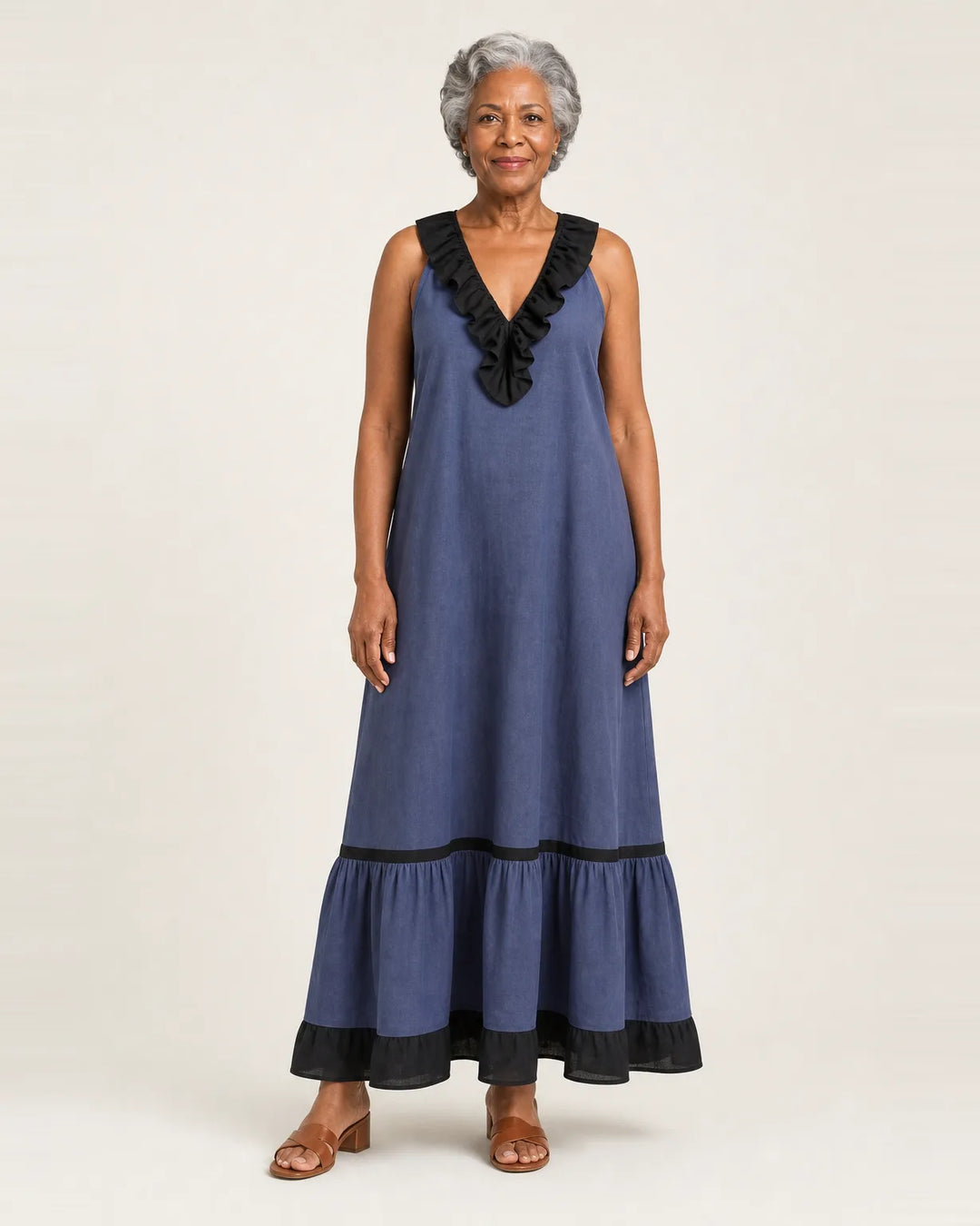 Mayline | Sleeveless Ruffle-Neck Contrast-Trim Maxi Dress — Blue