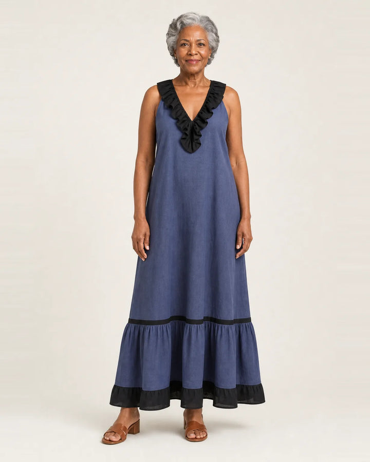 Mayline | Sleeveless Ruffle-Neck Contrast-Trim Maxi Dress — Blue