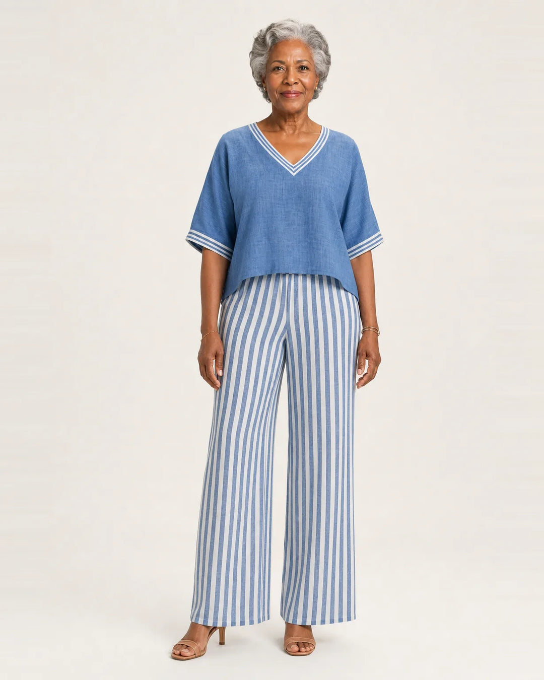 Juliana | V-Neck Varsity Top & Stripe Wide-Leg Set — Blue