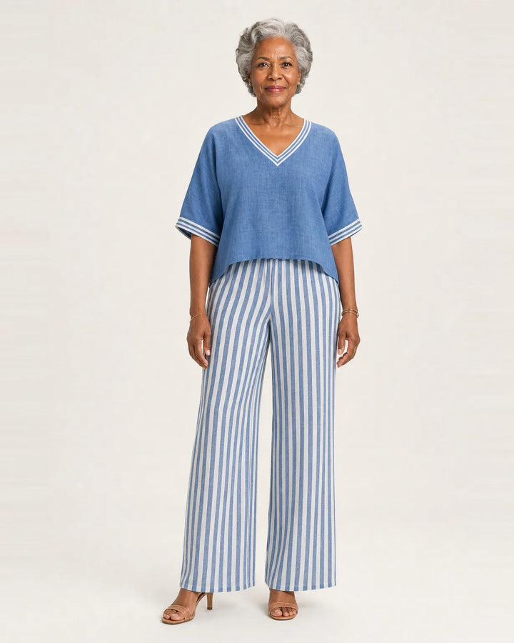Juliana | V-Neck Varsity Top & Stripe Wide-Leg Set — Blue