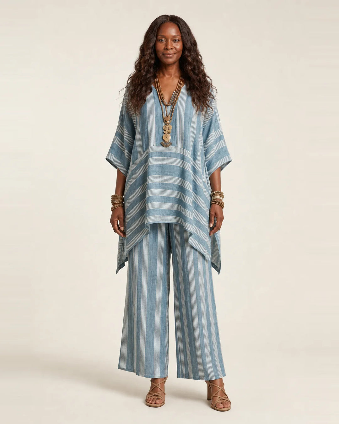 Kiara | Two-Piece Striped Cotton-Linen Set — Blue