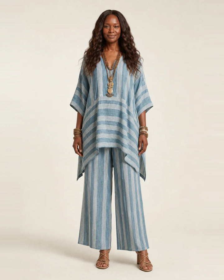 Kiara | Two-Piece Striped Cotton-Linen Set — Blue