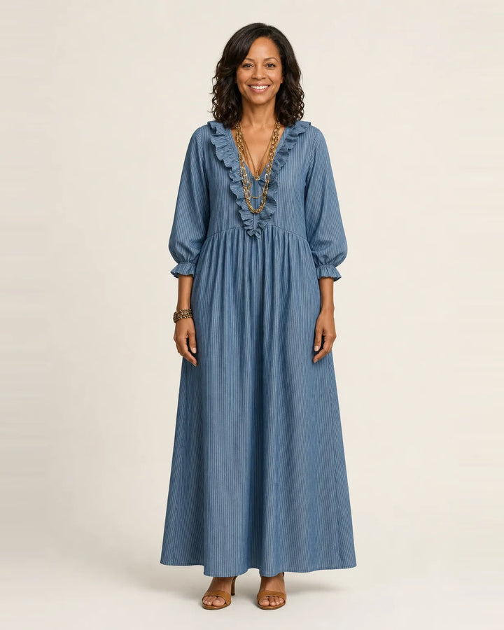 Yosetta | Ruffle V-Neck Striped Lantern-Sleeve Maxi Dress — Blue