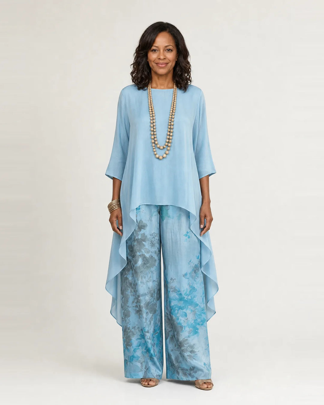 Cariola | Cotton-Silk Two-Piece Set with Asymmetric Tunic — Blue