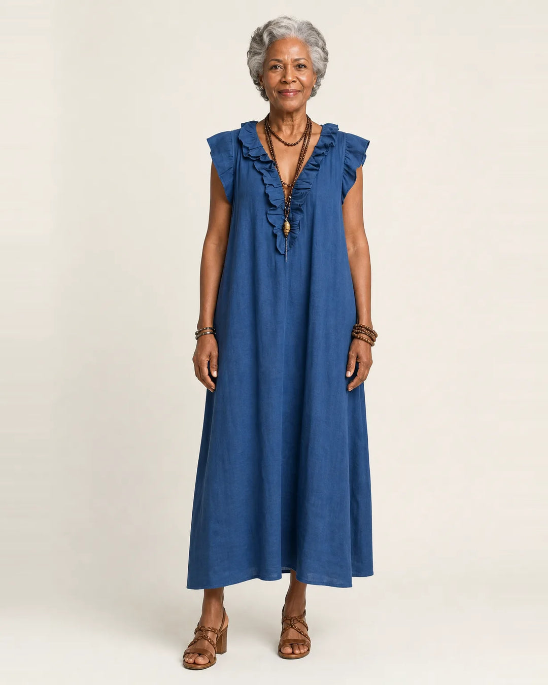 Josette | Ruffle V-Neck Linen Maxi Dress — Blue