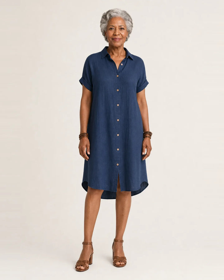 Nidalie | Cotton-Linen Midi Shirt Dress with Rolled Cuffs — Blue
