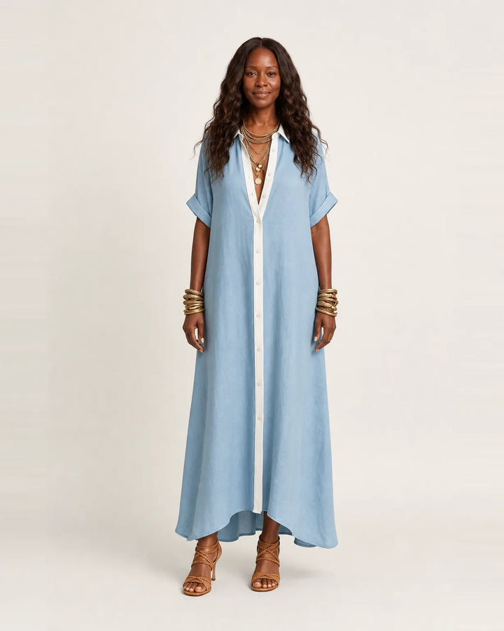 Kamira | Contrast-Collar Button-Front Short-Sleeve Maxi Shirt Dress — Blue