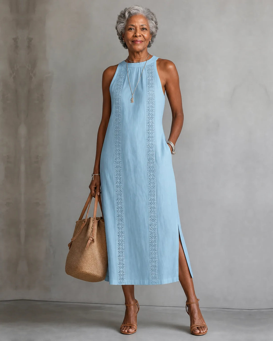 Jimena | Embroidered Mandarin-Collar Midi Dress