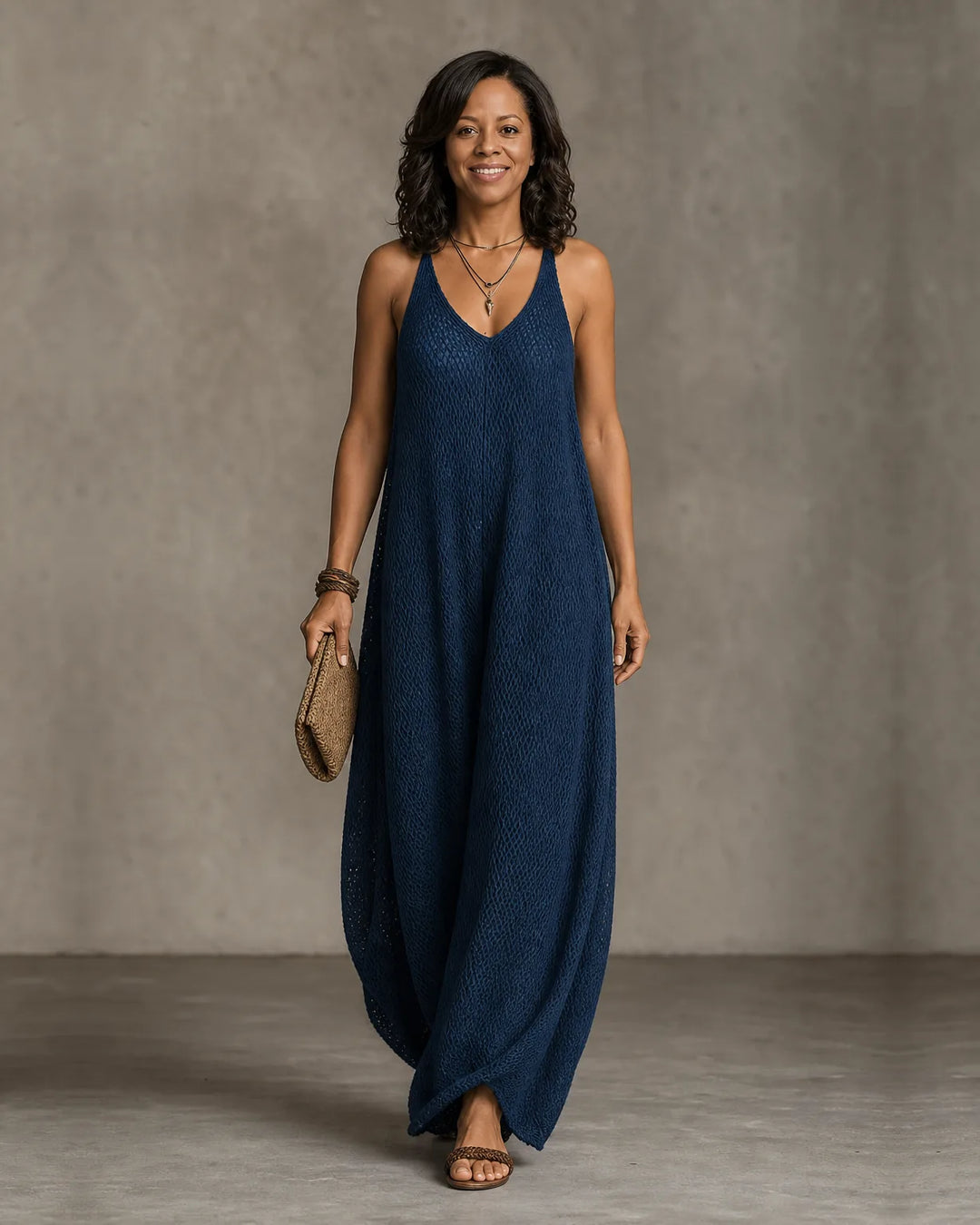 Aaliyah | Bohemian Relaxed Sleeveless Wide-Leg Olive Knit Maxi Dress