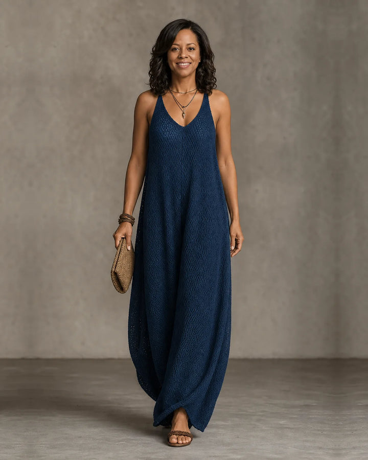 Aaliyah | Bohemian Relaxed Sleeveless Wide-Leg Olive Knit Maxi Dress