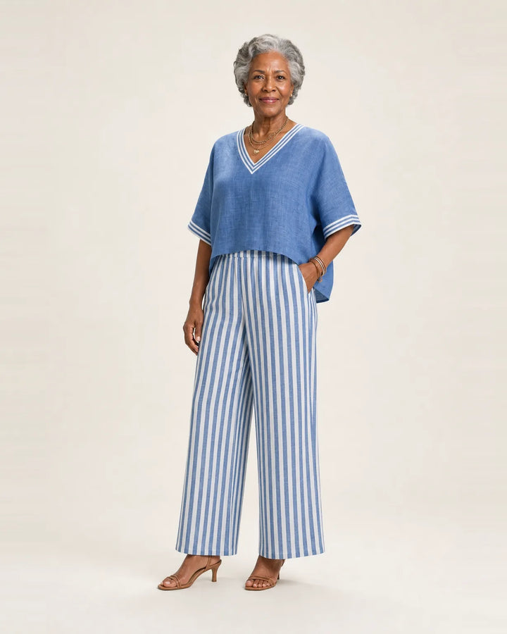 Juliana | V-Neck Varsity Top & Stripe Wide-Leg Set — Blue