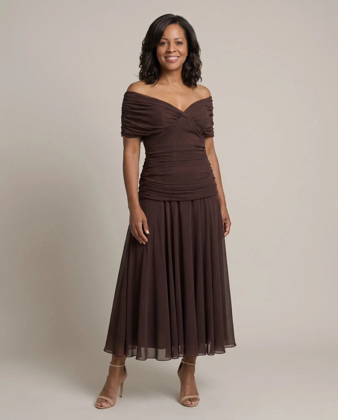 Abigail | Off-Shoulder Ruched Flow Midi Dress