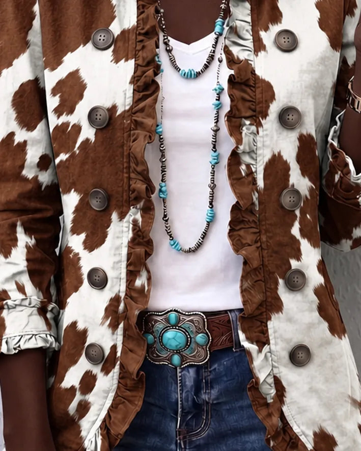 Sibongile | Brown Cow-Print Ruffle Jacket