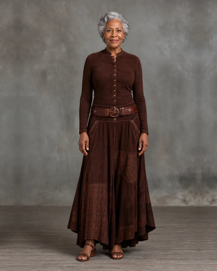 Leonora | Vintage Long Dress in Navy Blue Suede Check (Includes Belt)