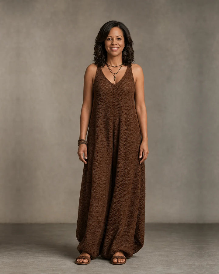 Aaliyah | Bohemian Relaxed Sleeveless Wide-Leg Olive Knit Maxi Dress