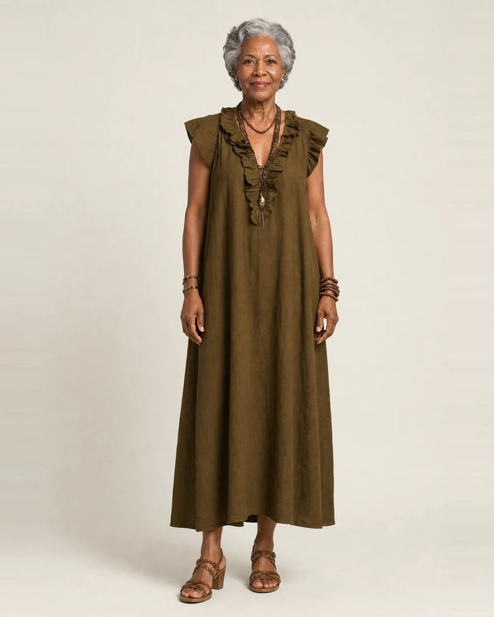 Josette | Ruffle V-Neck Linen Maxi Dress — Brown
