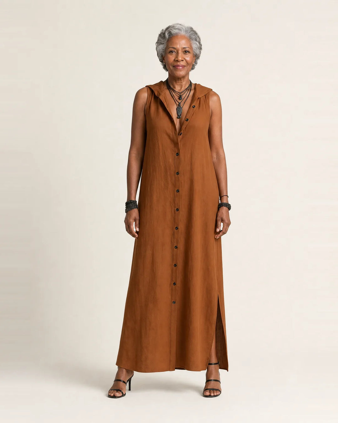 Mirabell | Hooded Button-Front Sleeveless Linen Maxi Dress — Brown